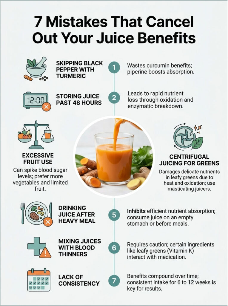 Infographic showing 7 mistakes that cancel juice benefits, with icons and explanations for each mistake.