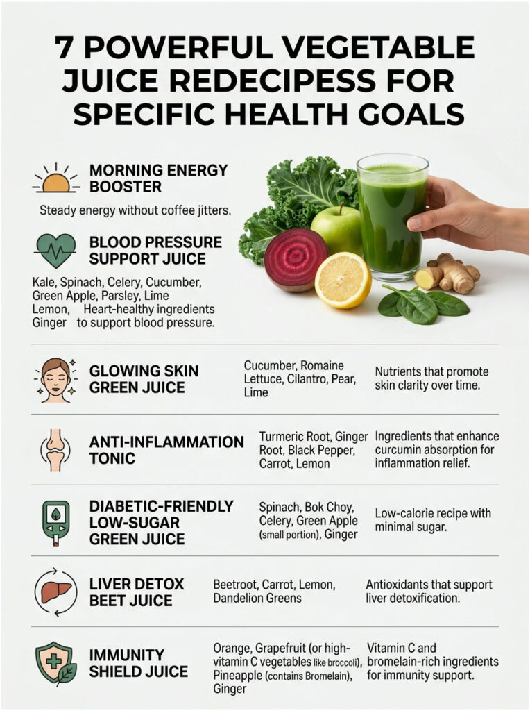 Infographic displaying 7 vegetable juice recipes for health goals, including ingredients and benefits for each juice type.