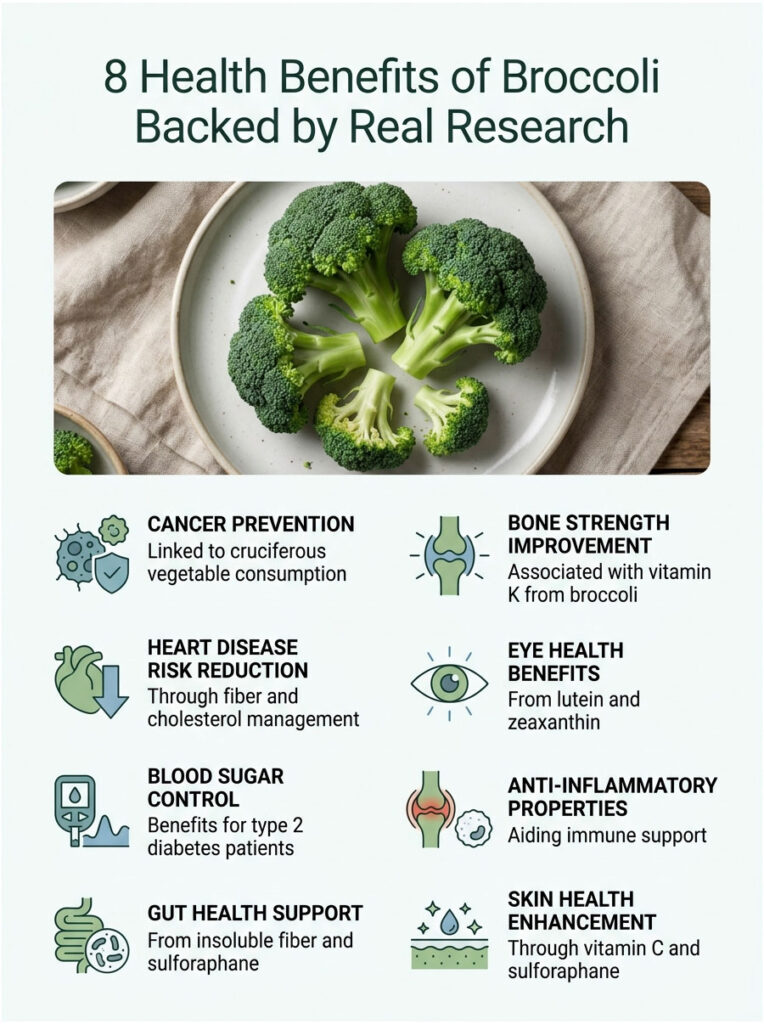 Broccoli with text listing 8 health benefits including cancer prevention and heart disease risk reduction. Infographic.