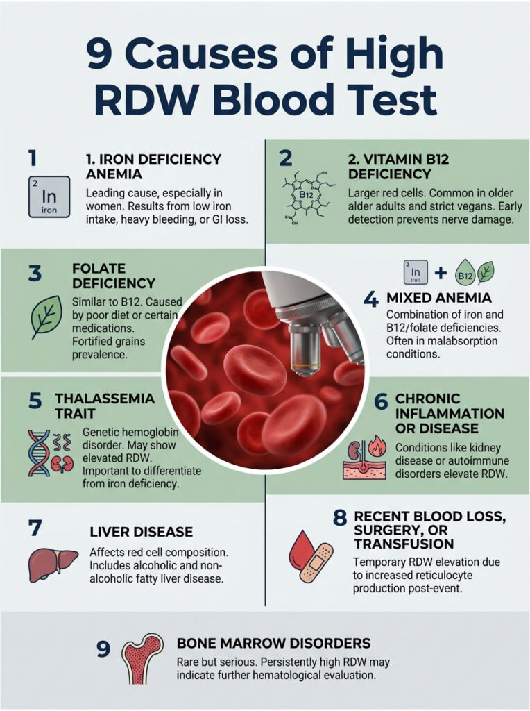 Infographic showing 9 causes of high RDW blood test, including iron deficiency anemia and vitamin B12 deficiency.