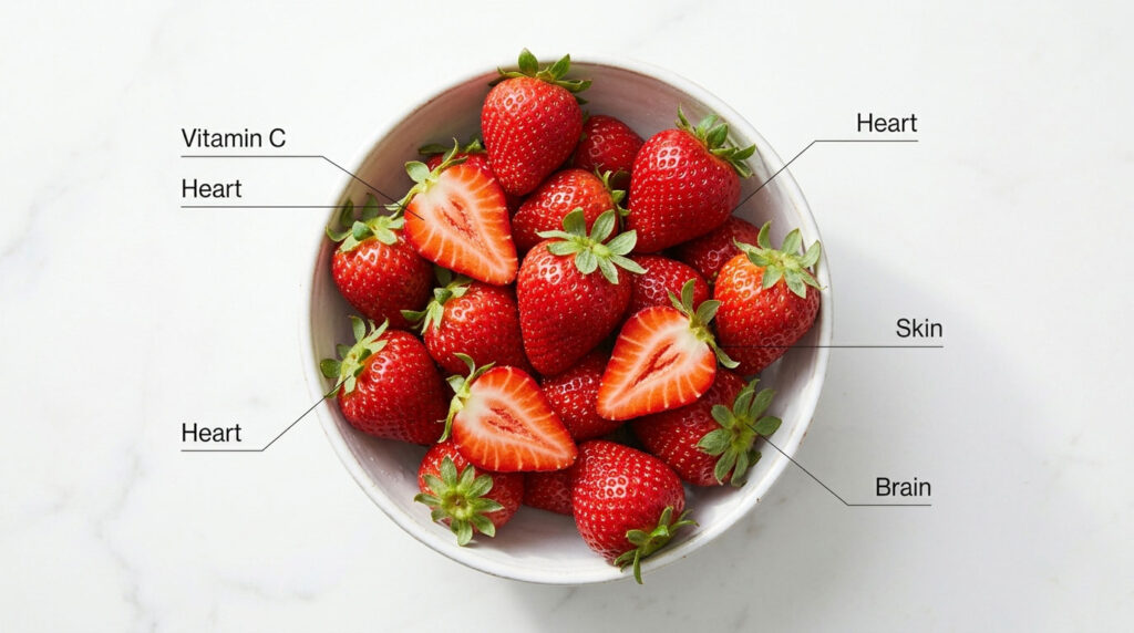 A bowl of fresh strawberries with labels indicating heart, skin, brain, and vitamin C benefits.