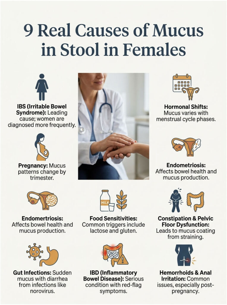 Infographic detailing 9 causes of mucus in stool in females, including IBS, hormonal shifts, and endometriosis.