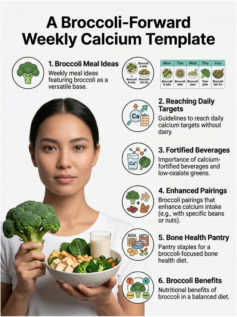 Woman holds broccoli and a bowl of vegetables, featuring a weekly calcium template infographic with meal ideas and benefits.