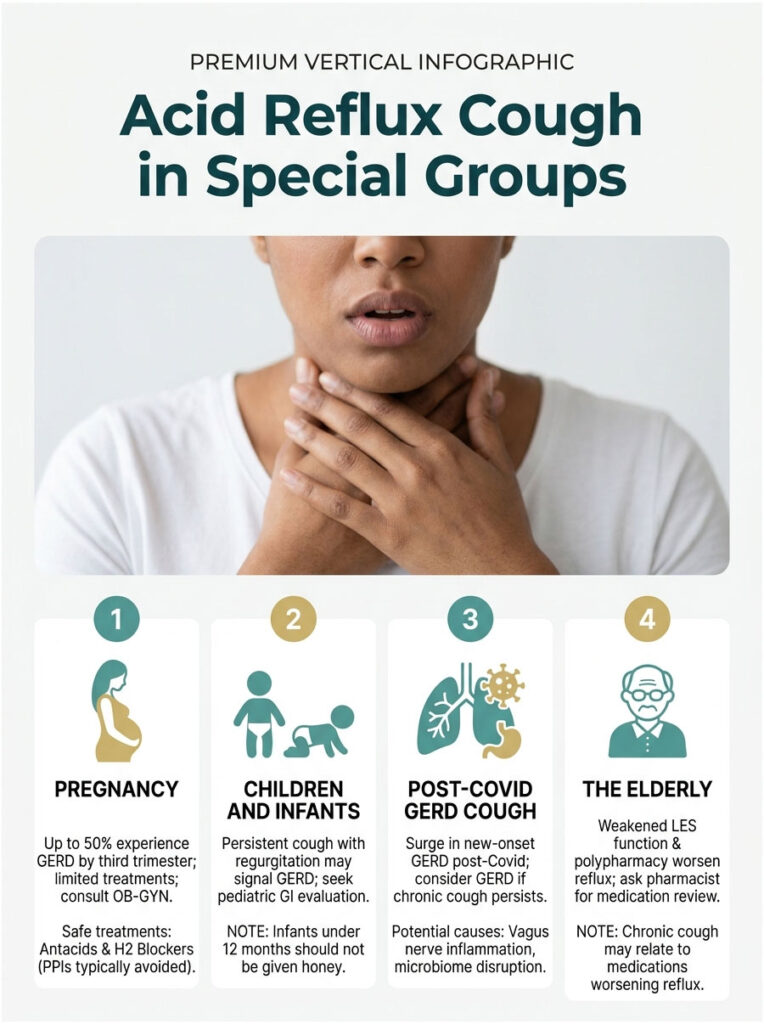 Infographic on acid reflux cough in special groups, detailing pregnancy, children, post-COVID, and elderly considerations.