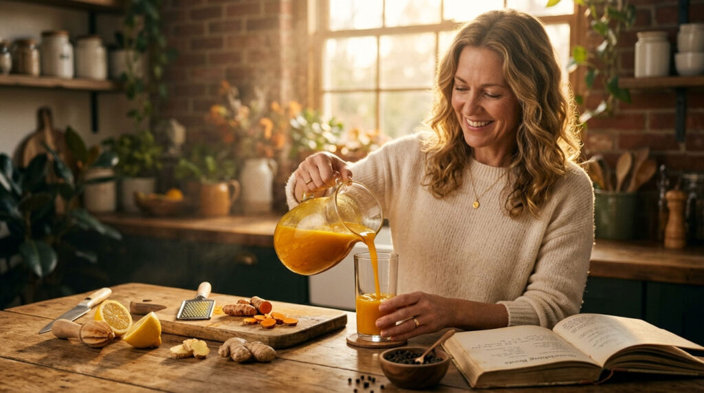 A woman pours orange juice from a glass pitcher into a glass, smiling in a cozy kitchen setting.