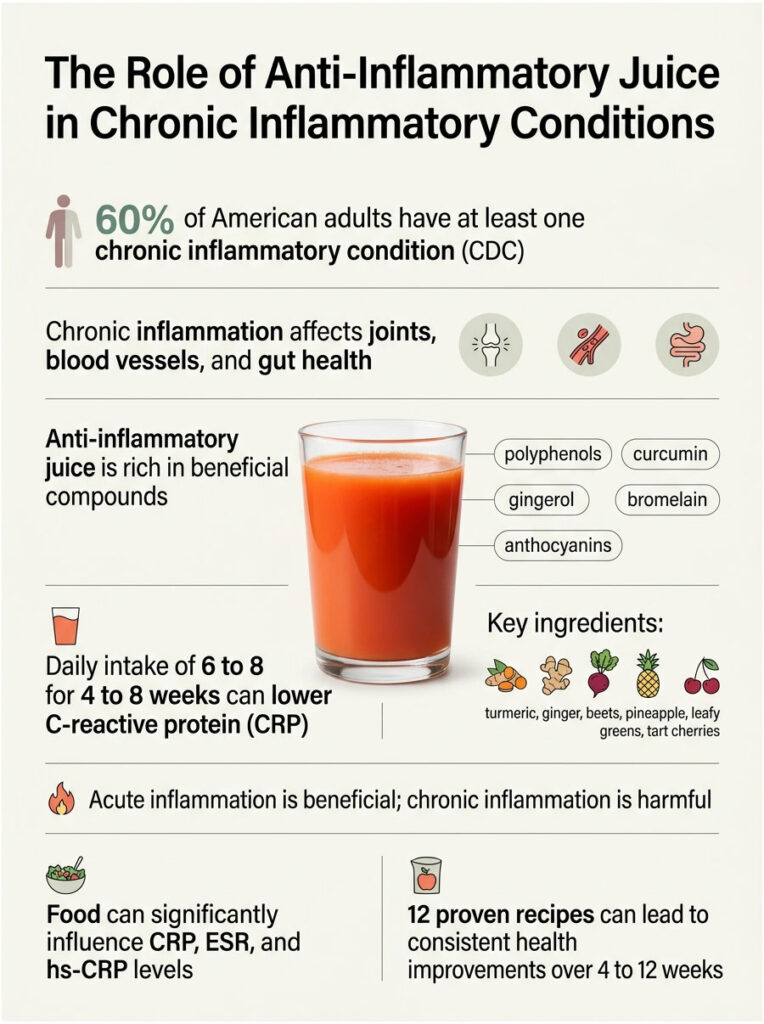 Infographic showing anti-inflammatory juice benefits, statistics, ingredients, and health effects with a juice glass.