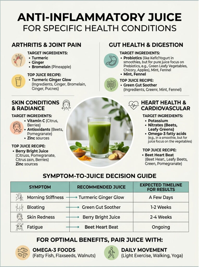 Infographic detailing anti-inflammatory juices for health conditions with recipes and target ingredients.