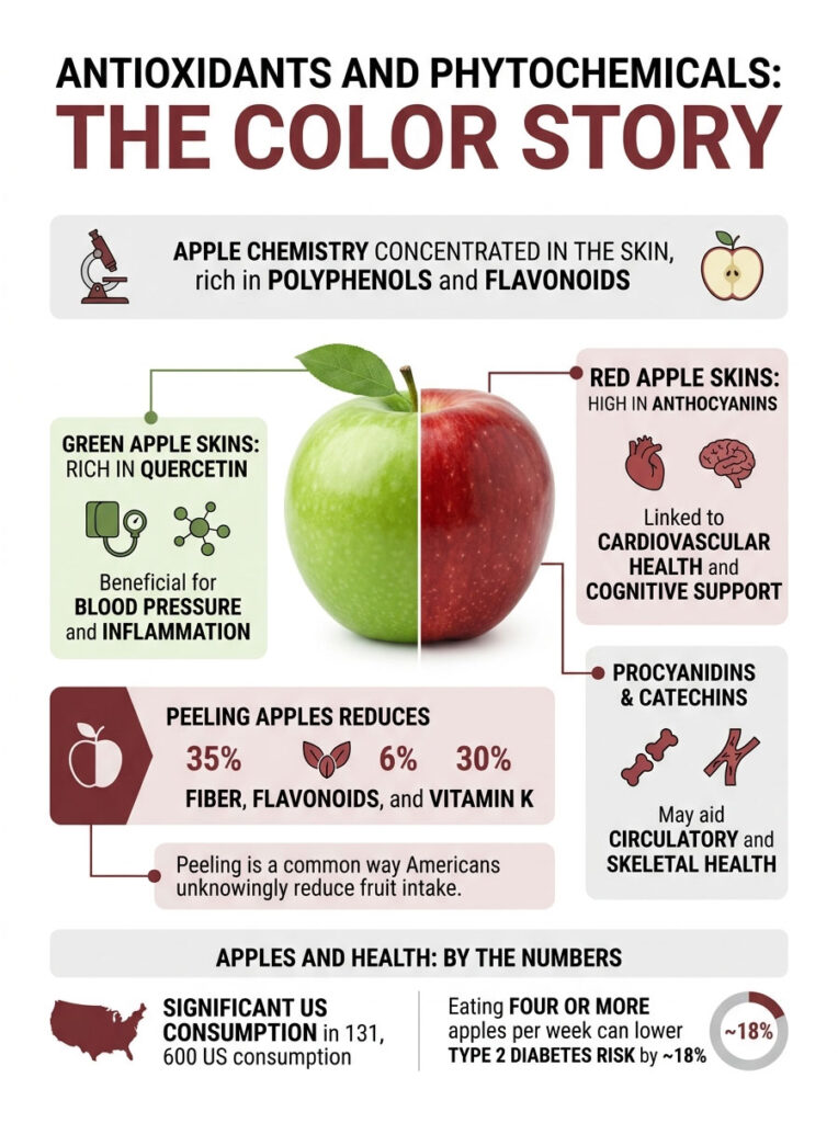 Infographic showing apple health benefits, highlighting antioxidants, polyphenols, and statistics on apple consumption.