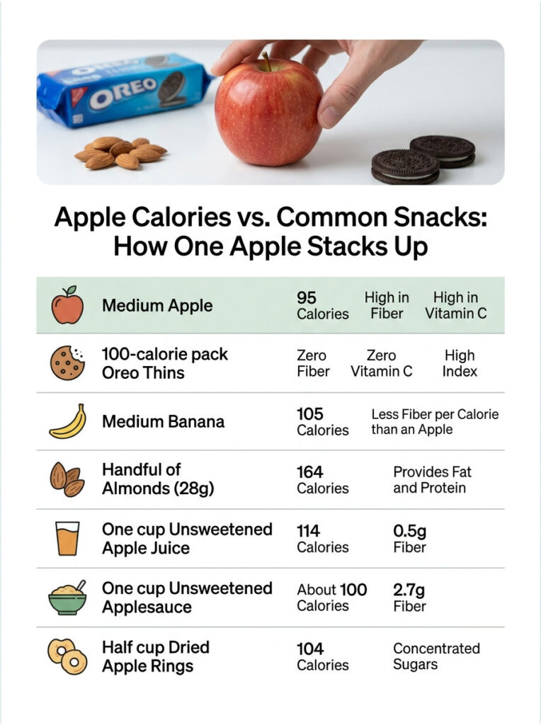 Infographic comparing calories and nutrients of a medium apple with common snacks like Oreo Thins and almonds.