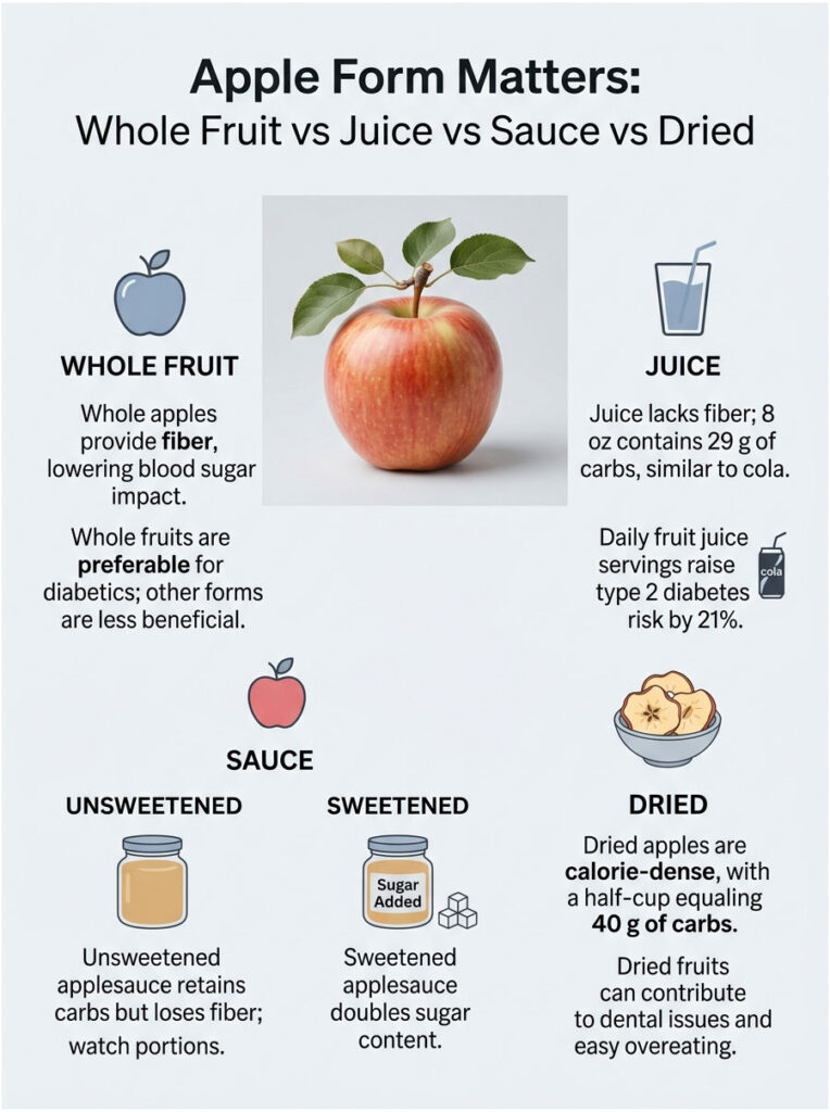 Infographic comparing whole fruit, juice, sauce, and dried apples with health impacts and nutritional details.