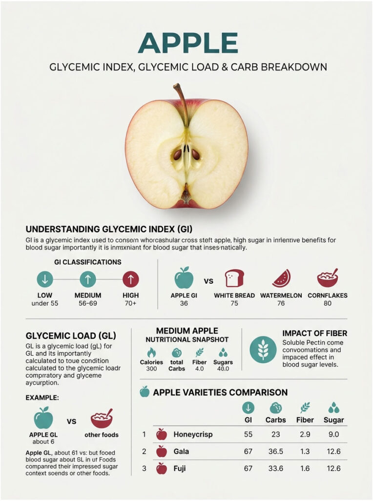 Infographic showing apple's glycemic index, load, nutritional snapshot, and comparison with other foods.