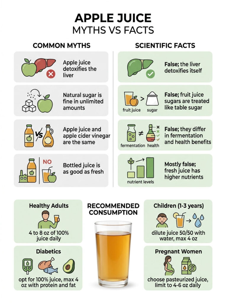 Infographic comparing apple juice myths and facts, showing recommended consumption for different age groups.