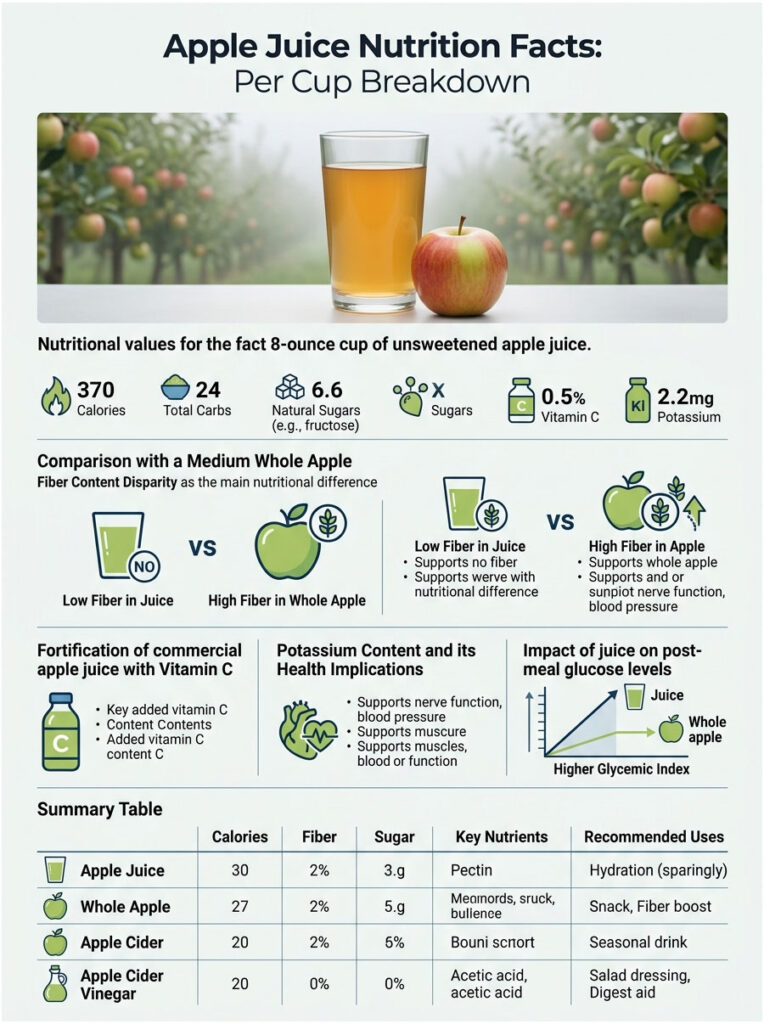 Infographic showing apple juice nutrition facts, comparison with whole apple, and health implications of potassium.