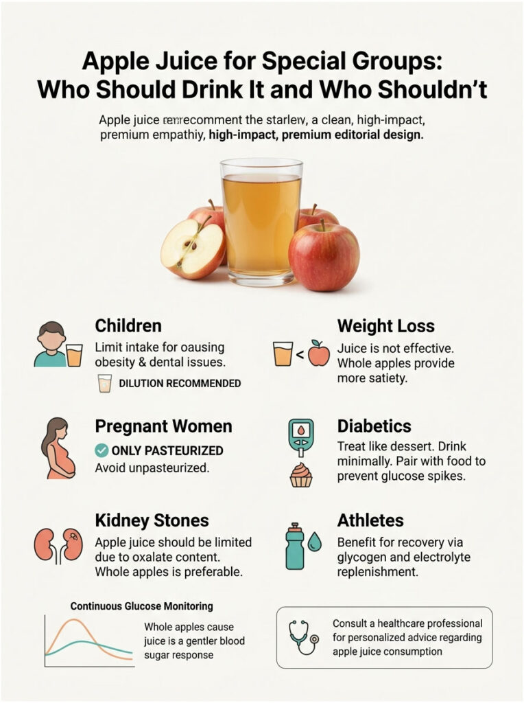 Infographic detailing apple juice recommendations for children, pregnant women, diabetics, and athletes with icons and text.