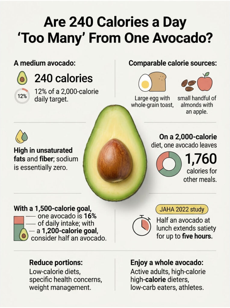 Infographic showing avocado calorie content, comparisons, and dietary recommendations with charts and icons.