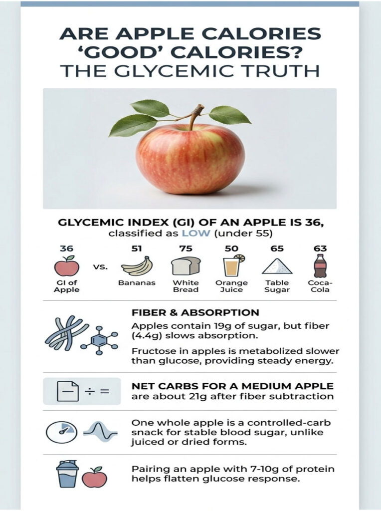 Infographic showing an apple, glycemic index comparisons, fiber content, and carbohydrate information.