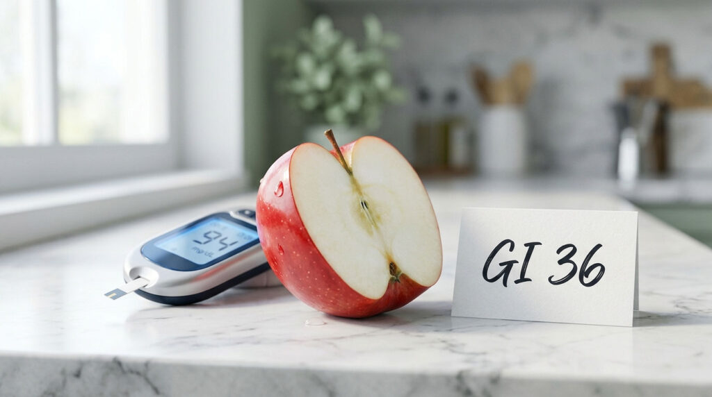 A sliced apple sits on a marble countertop next to a glucose meter displaying 94 mg/dL and a card labeled GI 36.