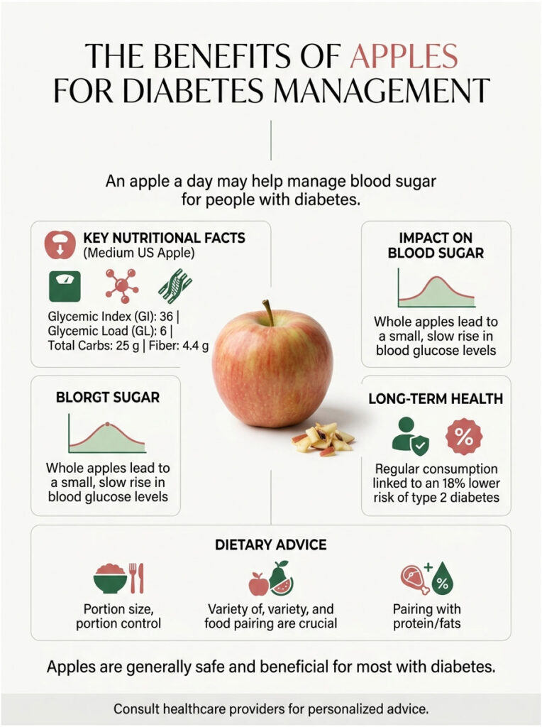Infographic showing benefits of apples for diabetes management, including nutritional facts and dietary advice.