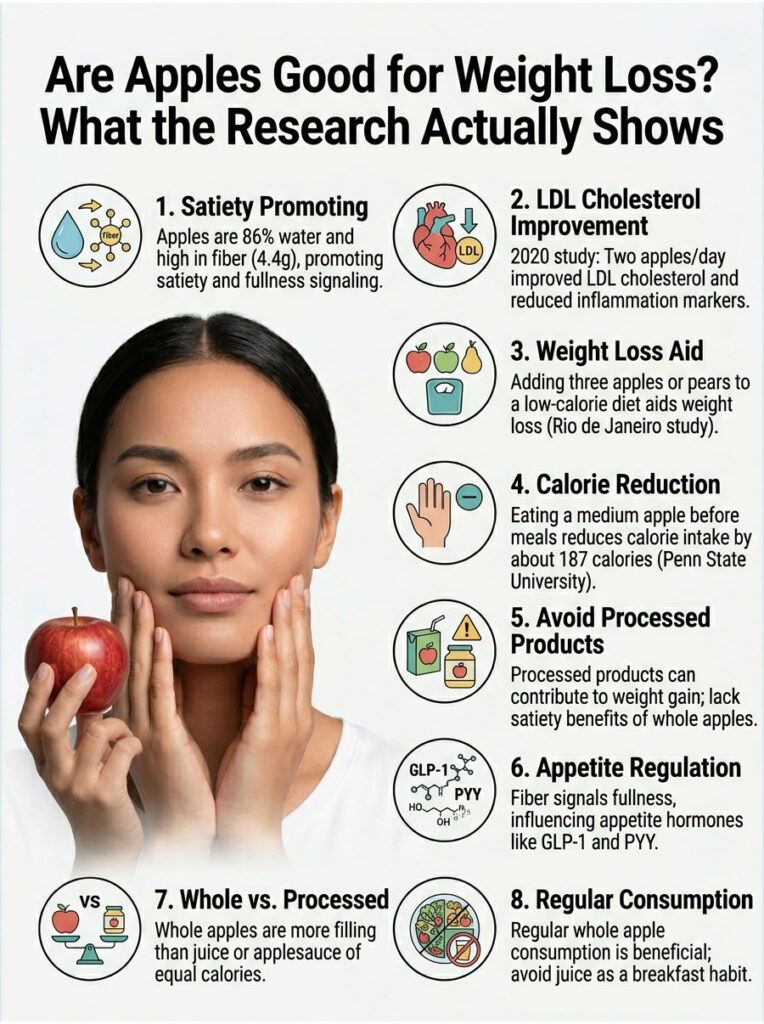 Woman holds an apple, presenting an infographic on apples and weight loss benefits with eight key points and icons.