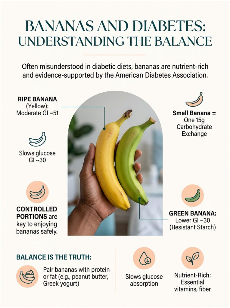 Infographic showing bananas and diabetes, highlighting ripe, small, and green bananas with GI values and health tips.