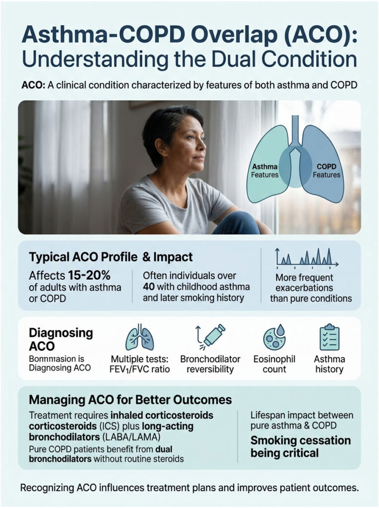 Infographic on Asthma-COPD overlap with statistics, diagnosis methods, and management strategies illustrated.
