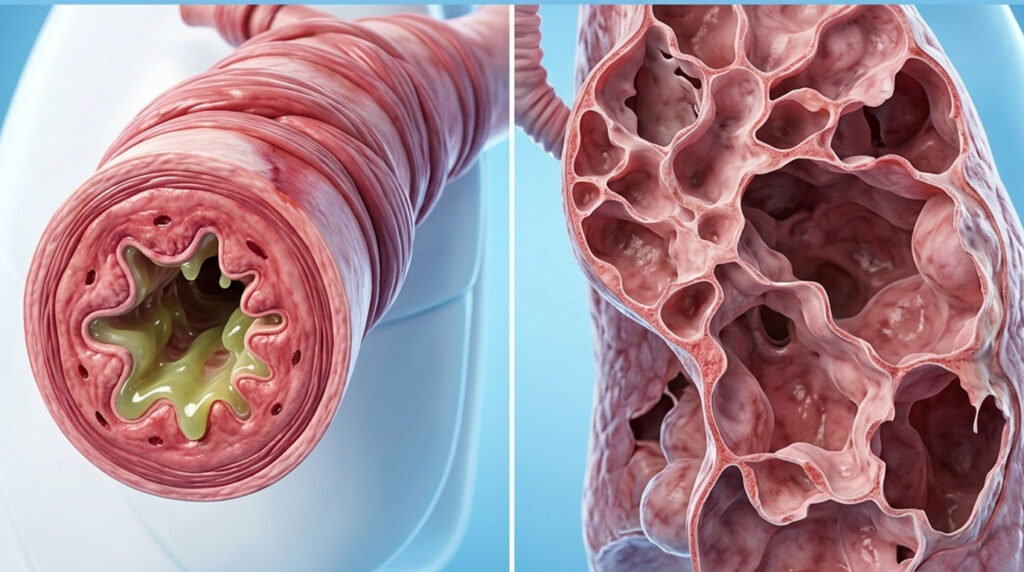 A close-up view of a human bronchial tube and lung tissue, showcasing intricate details and textures.
