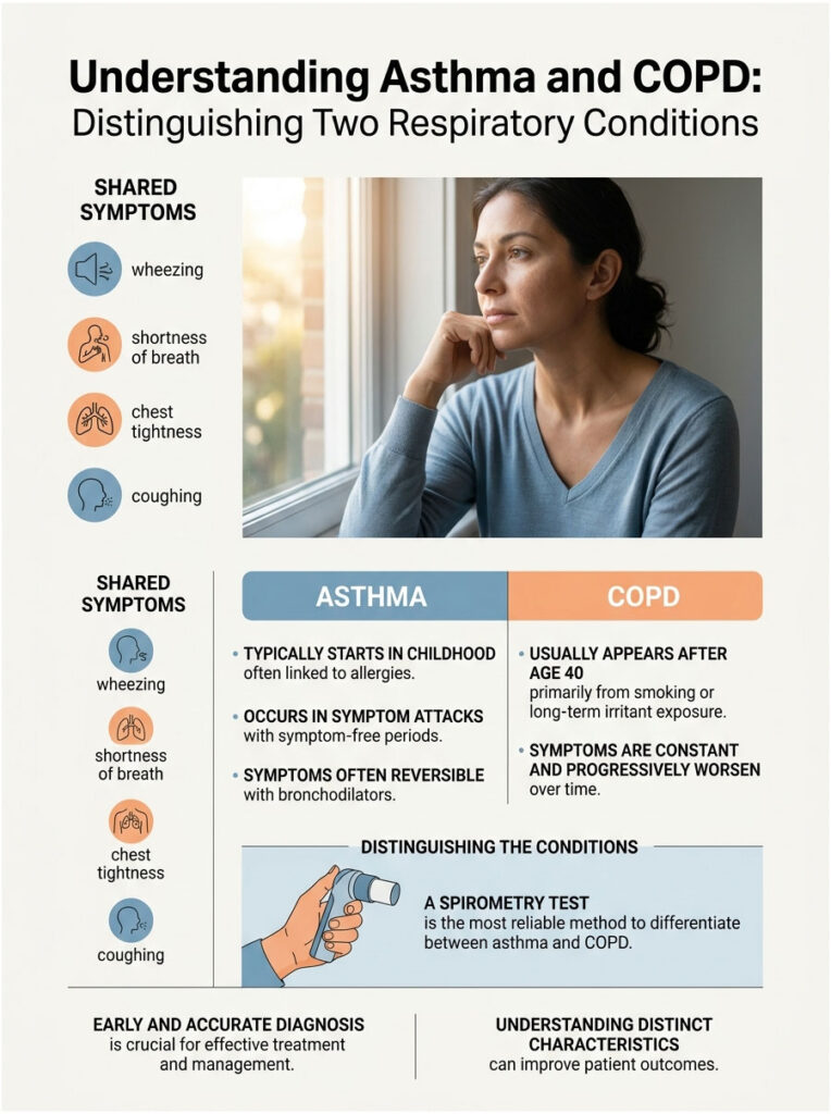 Infographic comparing asthma and COPD symptoms, treatments, and key differences with icons and text.
