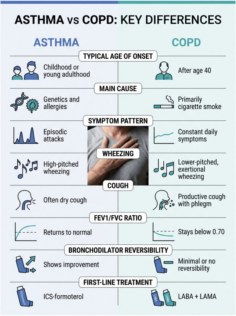 Infographic comparing Asthma and COPD with key differences in symptoms, causes, and treatments.