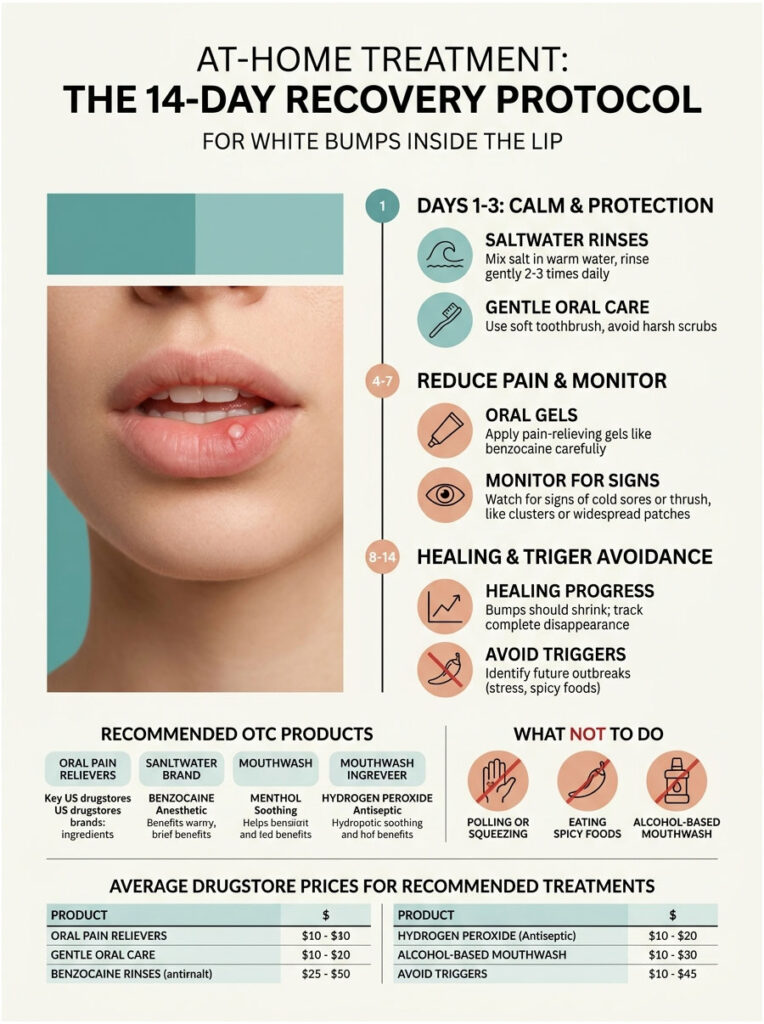 Infographic detailing a 14-day recovery protocol for white bumps inside the lip, with treatment steps and recommendations.