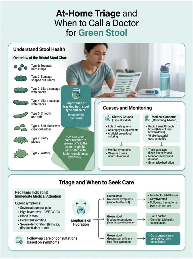 Infographic explaining at-home triage for green stool, including stool types, causes, and when to seek medical care.