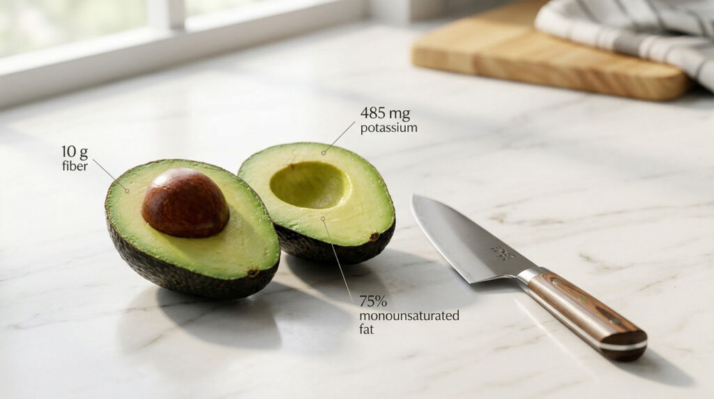 A halved avocado with a brown seed sits on a marble countertop beside a knife, showcasing nutritional information.