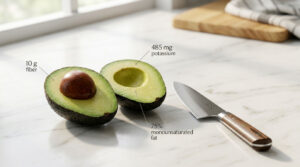 A halved avocado with a brown seed sits on a marble countertop beside a knife, showcasing nutritional information.
