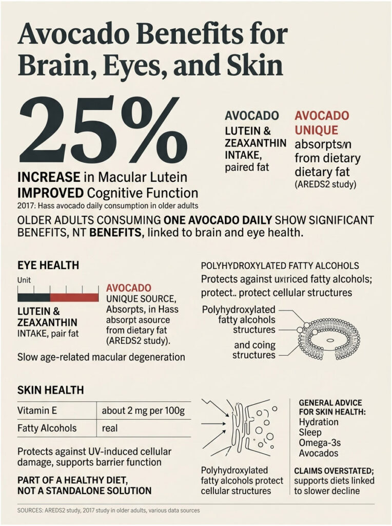 Infographic showing avocado benefits for brain, eyes, and skin with statistics and health tips.