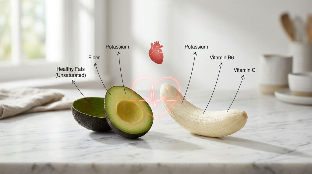 A halved avocado and a banana on a marble countertop with health benefits labeled above each fruit.