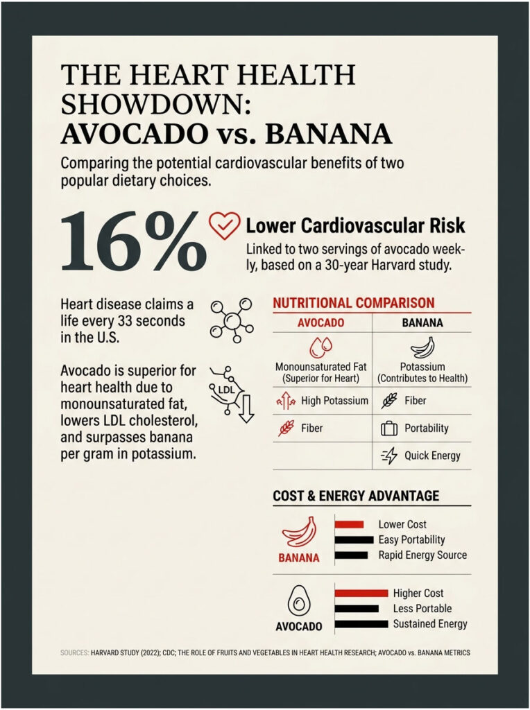 Infographic comparing heart health benefits of avocado and banana, showing nutritional data and cost advantages.