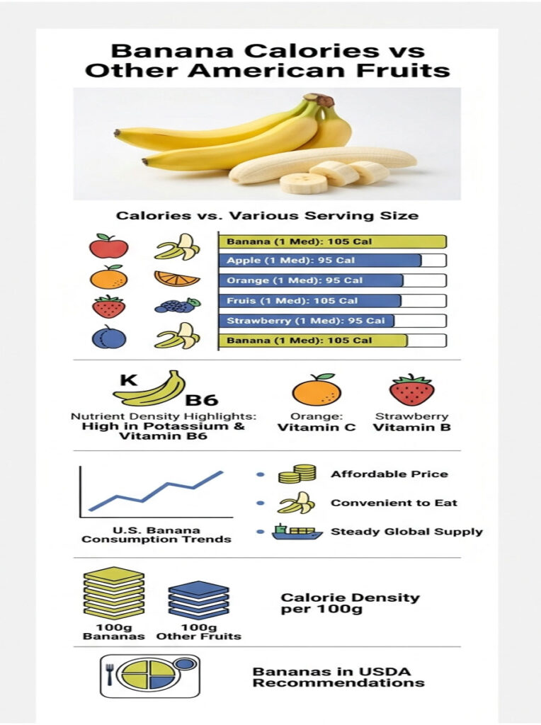 Infographic comparing calories of bananas and other fruits, highlighting nutrient density and consumption trends.