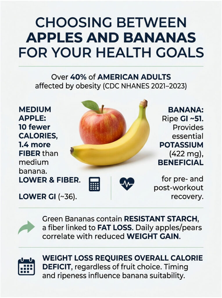 Infographic comparing apples and bananas for health goals, highlighting calories, fiber, and benefits of each fruit.