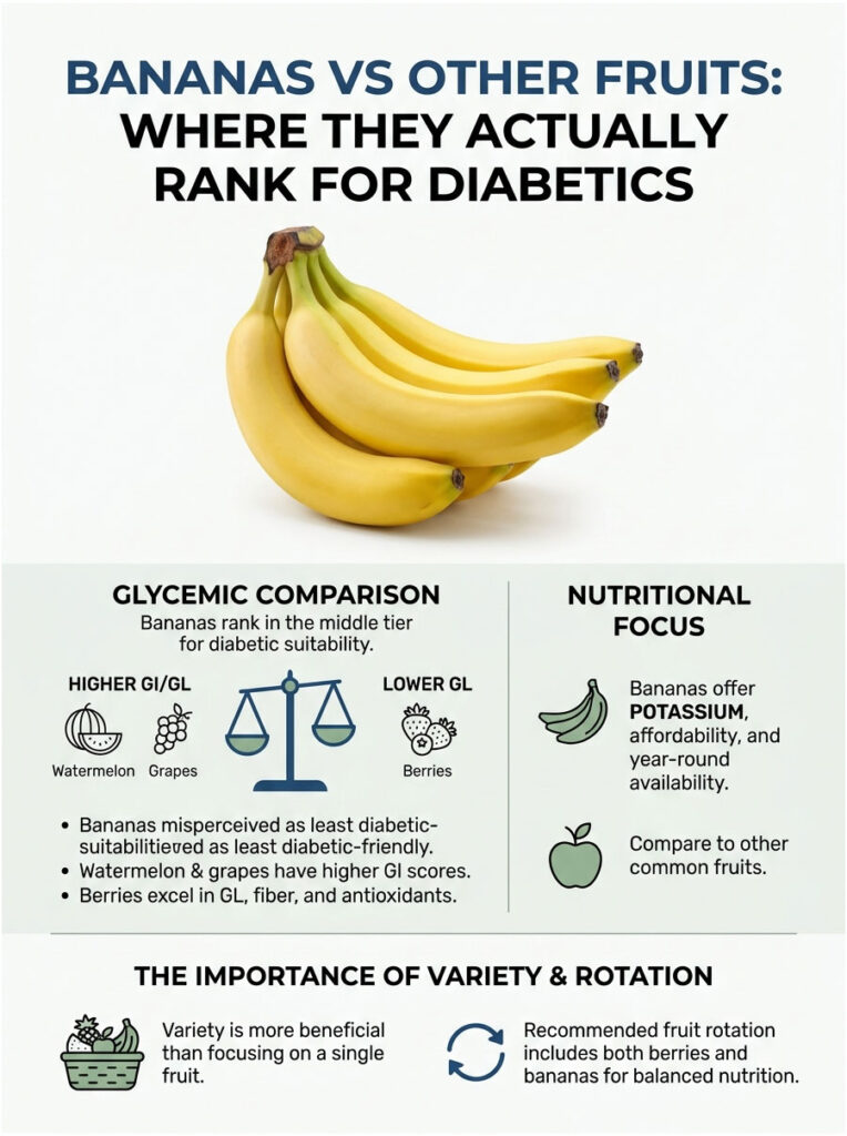 Infographic comparing bananas and other fruits for diabetics, showing glycemic rankings and nutritional focus.