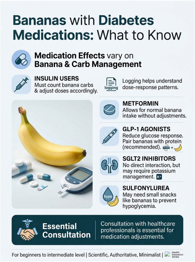 Infographic explaining banana consumption with diabetes medications, featuring insulin, metformin, and consultation tips.