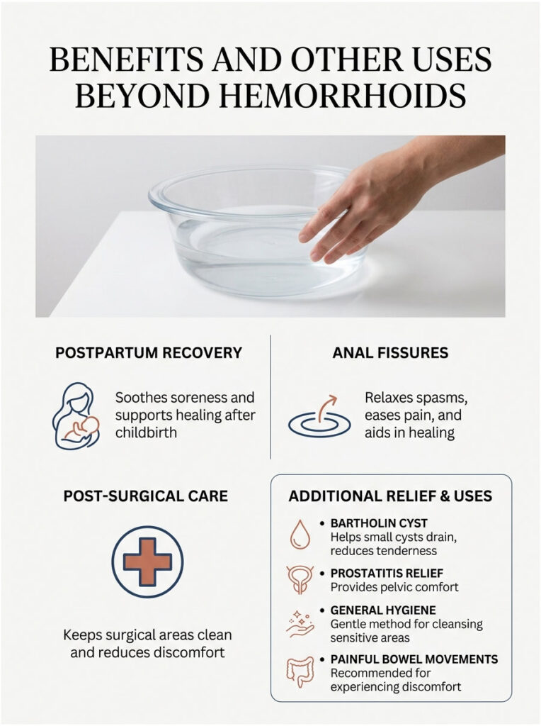 Infographic showing benefits of sitz baths, including postpartum recovery and anal fissures, with icons and text.