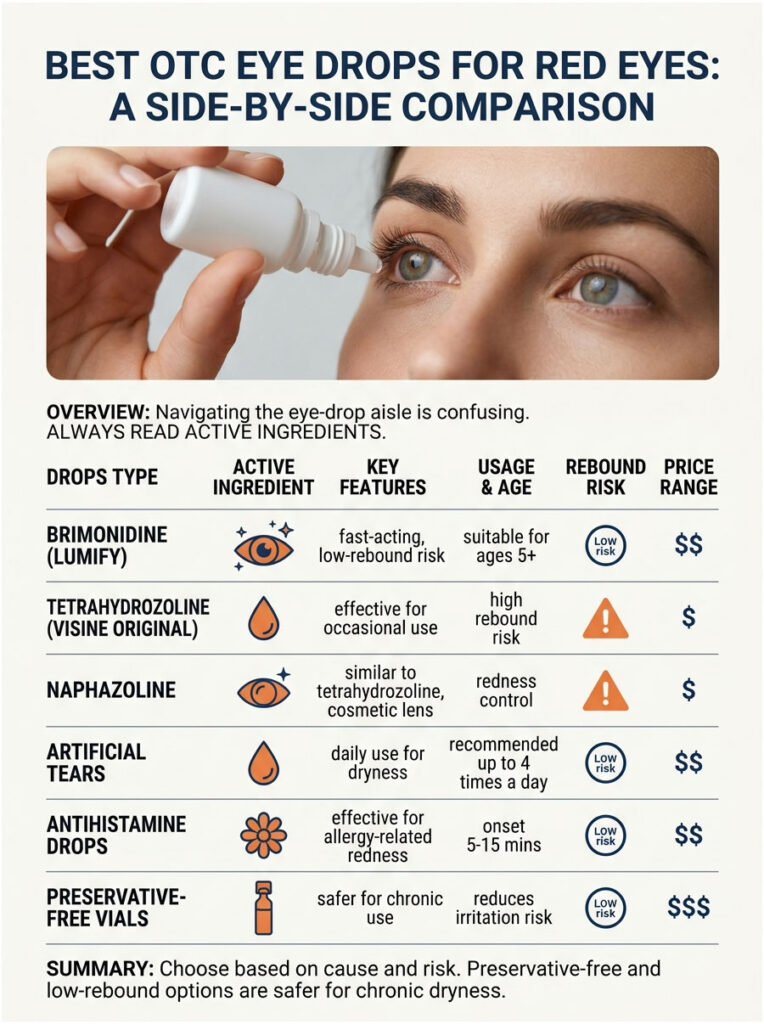 Infographic comparing best OTC eye drops for red eyes, detailing ingredients, features, usage, and risks.