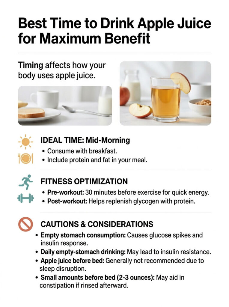 Infographic showing best times to drink apple juice, including ideal times and fitness optimization tips.