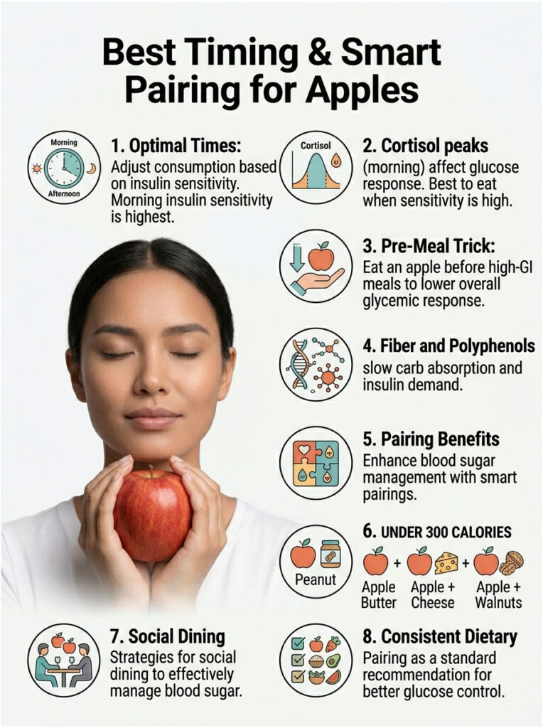Infographic showing best timing and pairing for apples, with tips and illustrations for blood sugar management.