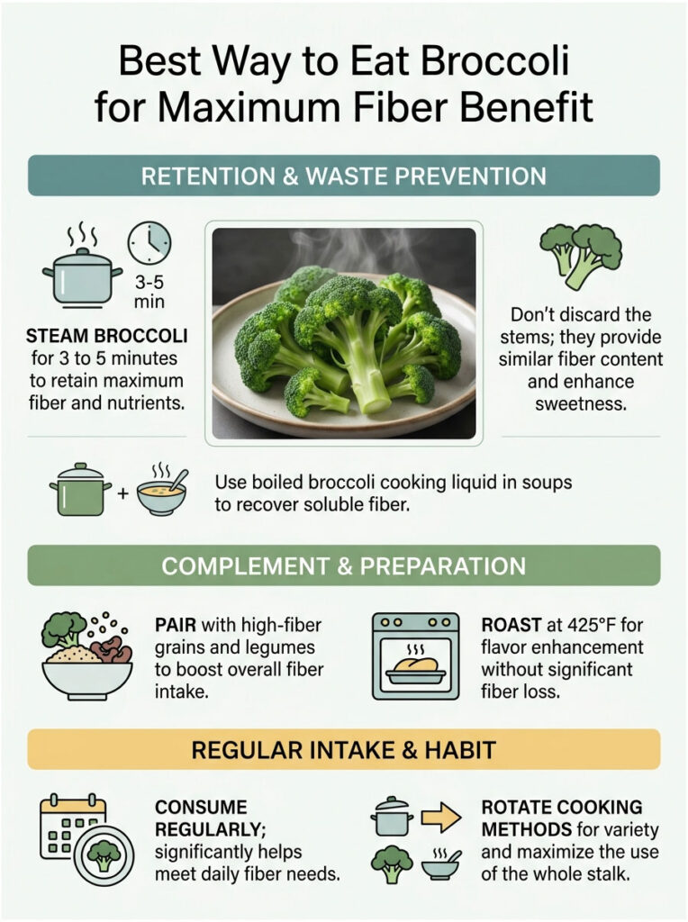 Infographic on the best ways to eat broccoli for maximum fiber benefit, featuring steaming, pairing, and cooking tips.