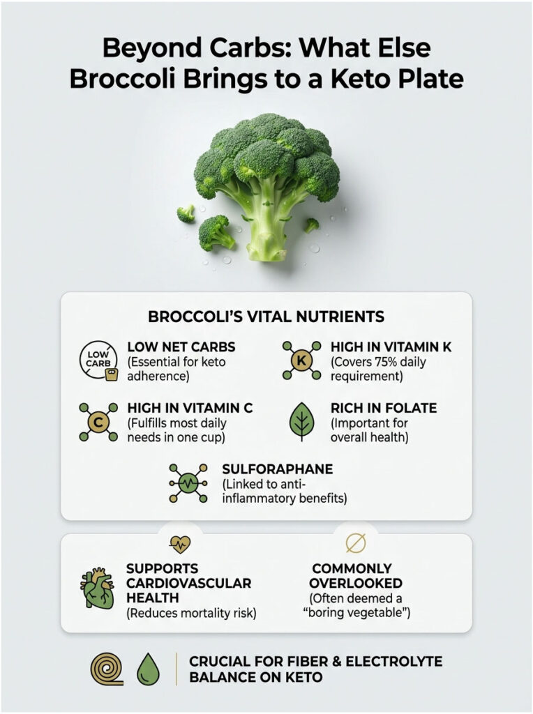 Broccoli with text highlighting its nutrients and health benefits for a keto diet, including vitamins and fiber. Infographic.