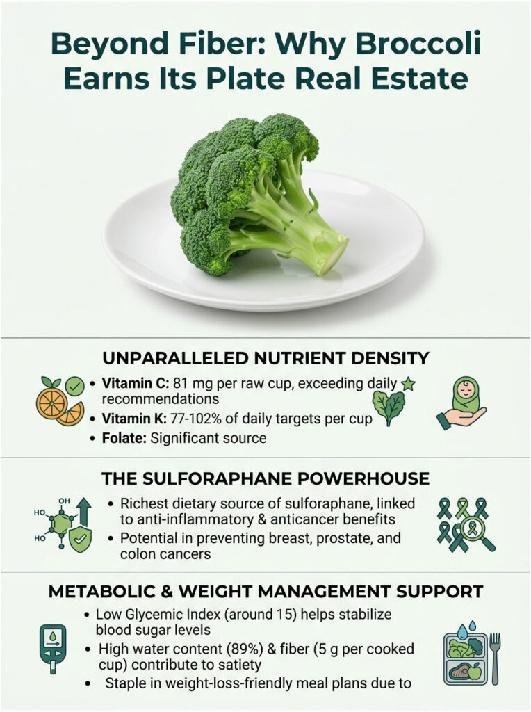 Broccoli on a plate with text about its nutrient density, sulforaphane benefits, and weight management support. Infographic.