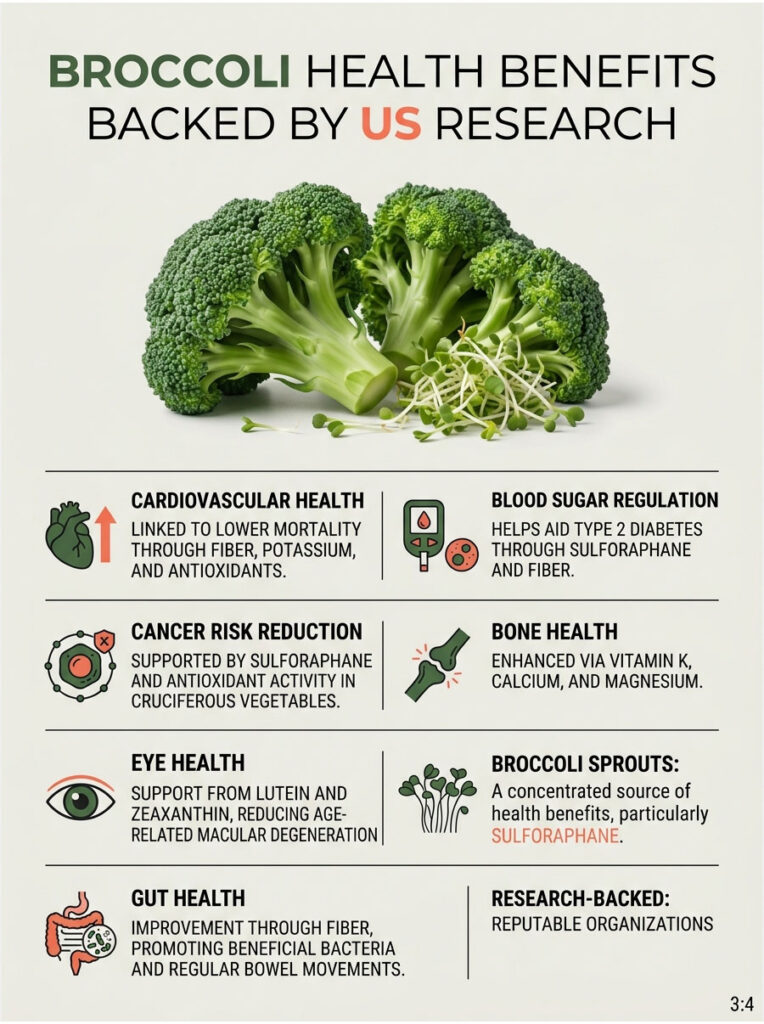 Broccoli health benefits infographic detailing cardiovascular health, cancer risk reduction, and gut health.