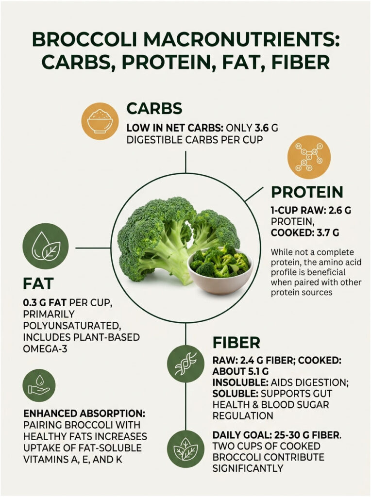 Broccoli macronutrients infographic showing carbs, protein, fat, and fiber details with icons and data points.