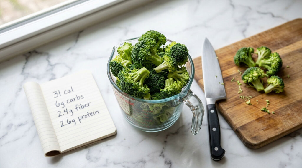 A measuring cup filled with fresh broccoli sits on a marble countertop next to a cutting board and knife.
