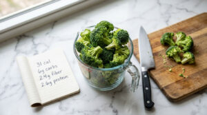 A measuring cup filled with fresh broccoli sits on a marble countertop next to a cutting board and knife.